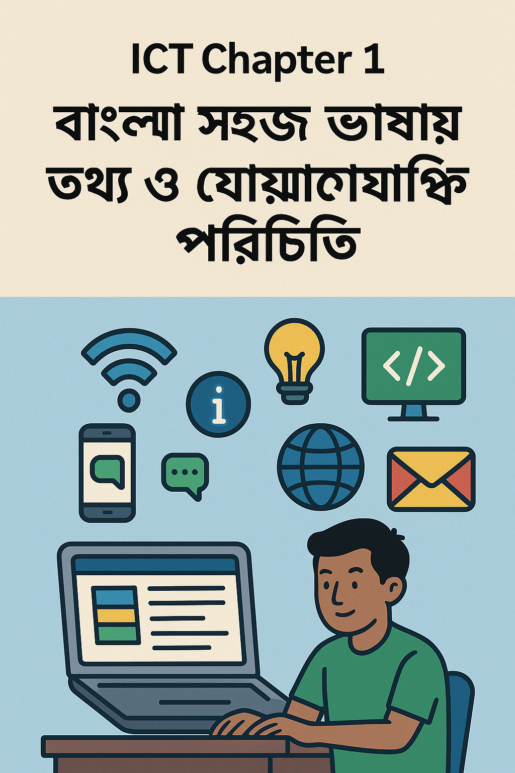 "ICT Chapter 1: বাংলা সহজ ভাষায় তথ্য ও যোগাযোগ প্রযুক্তি পরিচিতি" এই টাইটেলের জন্য একটি ছবি তৈরিকরে দাও